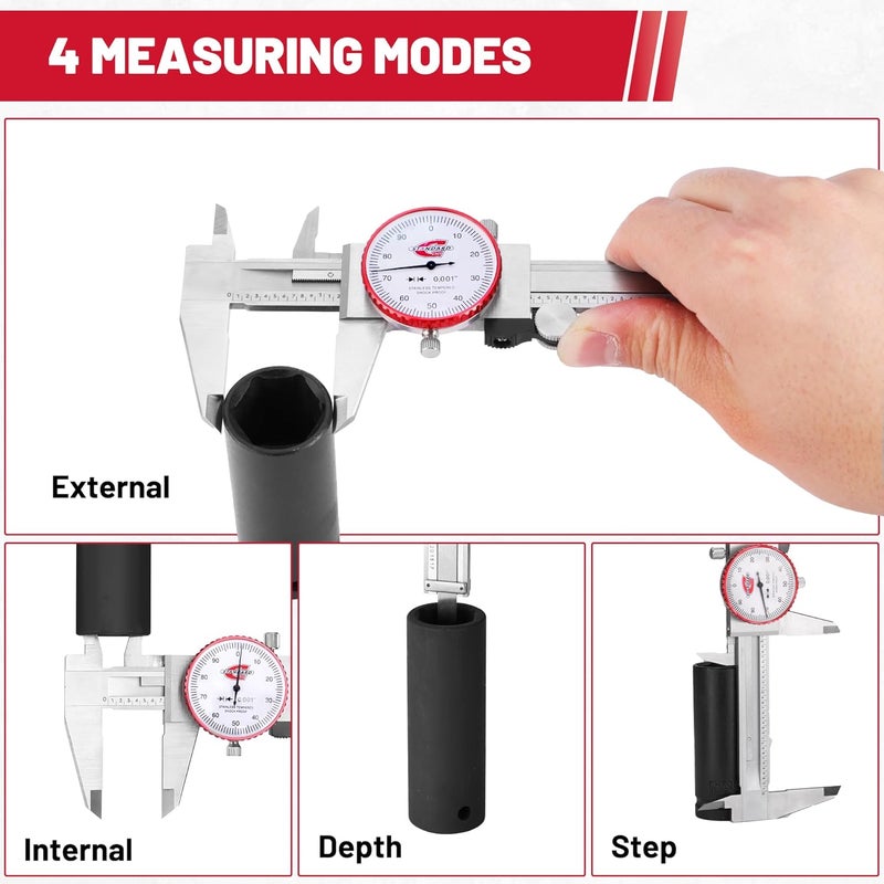 Standard Gage أداة قياس كاليبر دial SAE بمدى 0-6"، ميكرومتر دقيق تناظري بدقة ±0.001"، كاليبر معدني ميكانيكي يدوي من الفولاذ المقاوم للصدأ مع قياسات بأربعة اتجاهات - Image 5